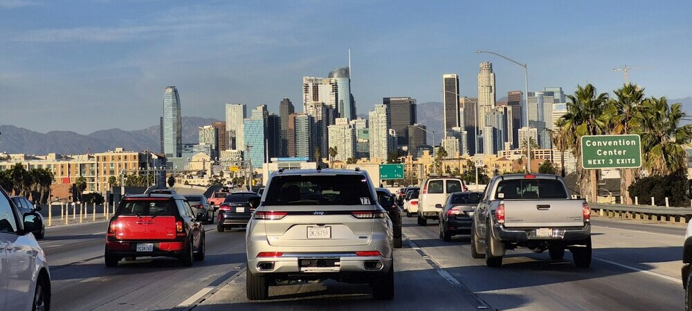 Cars on a road heading towards Downtown Los Angeles