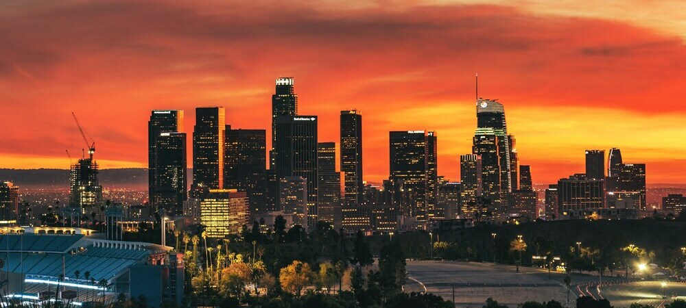 Los Angeles city skyline at sunset
