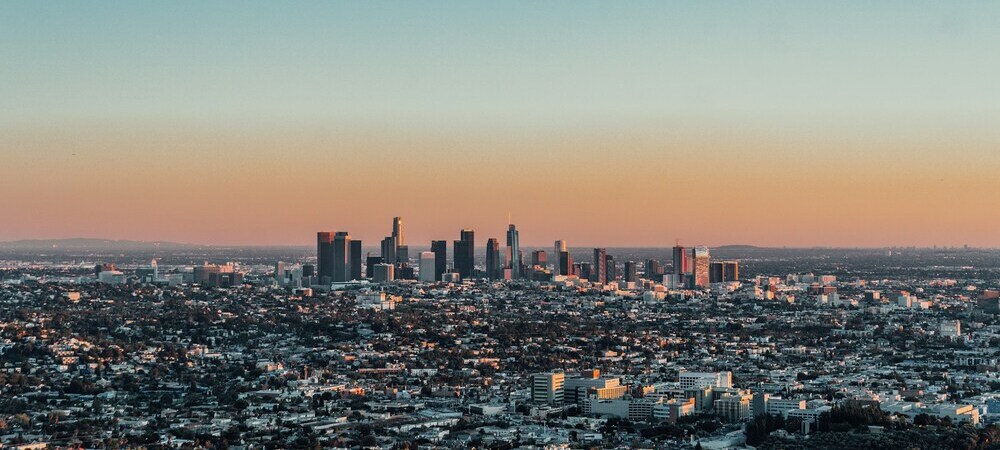 The Los Angeles city skyline on a clear day