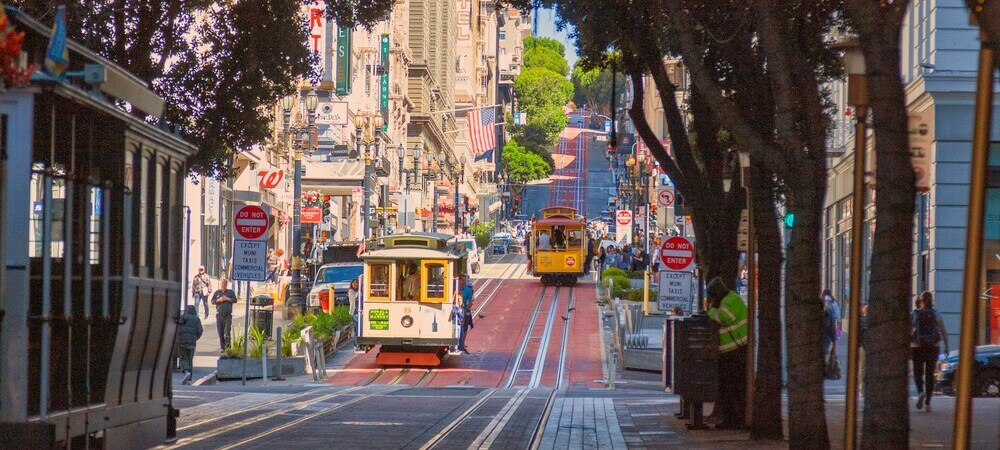Trams and tram lines on a steep San Francisco street